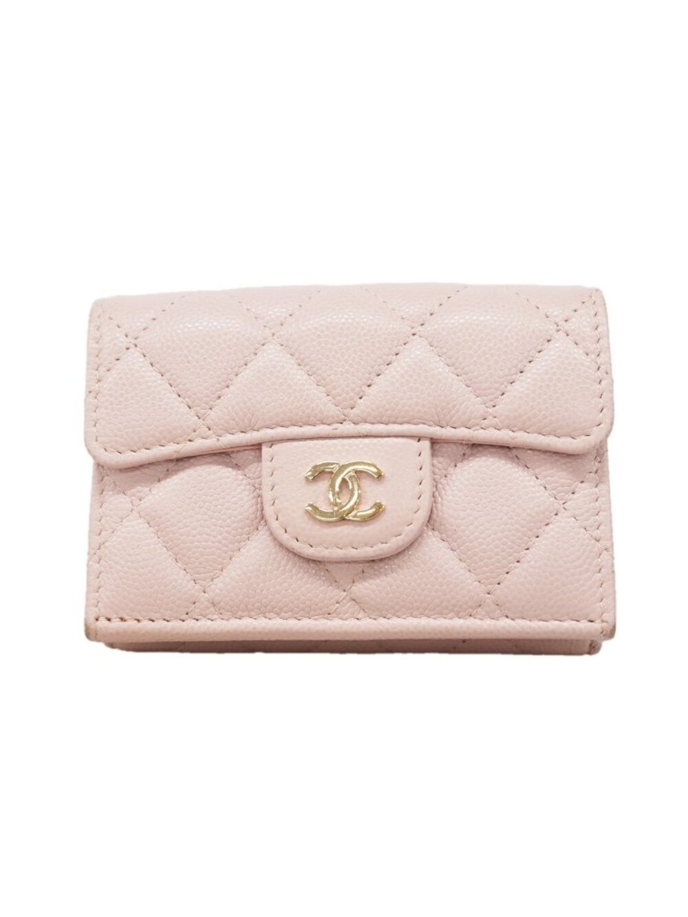 Chanel Trifold Wallet Quilted Caviar Leather Pink Gold